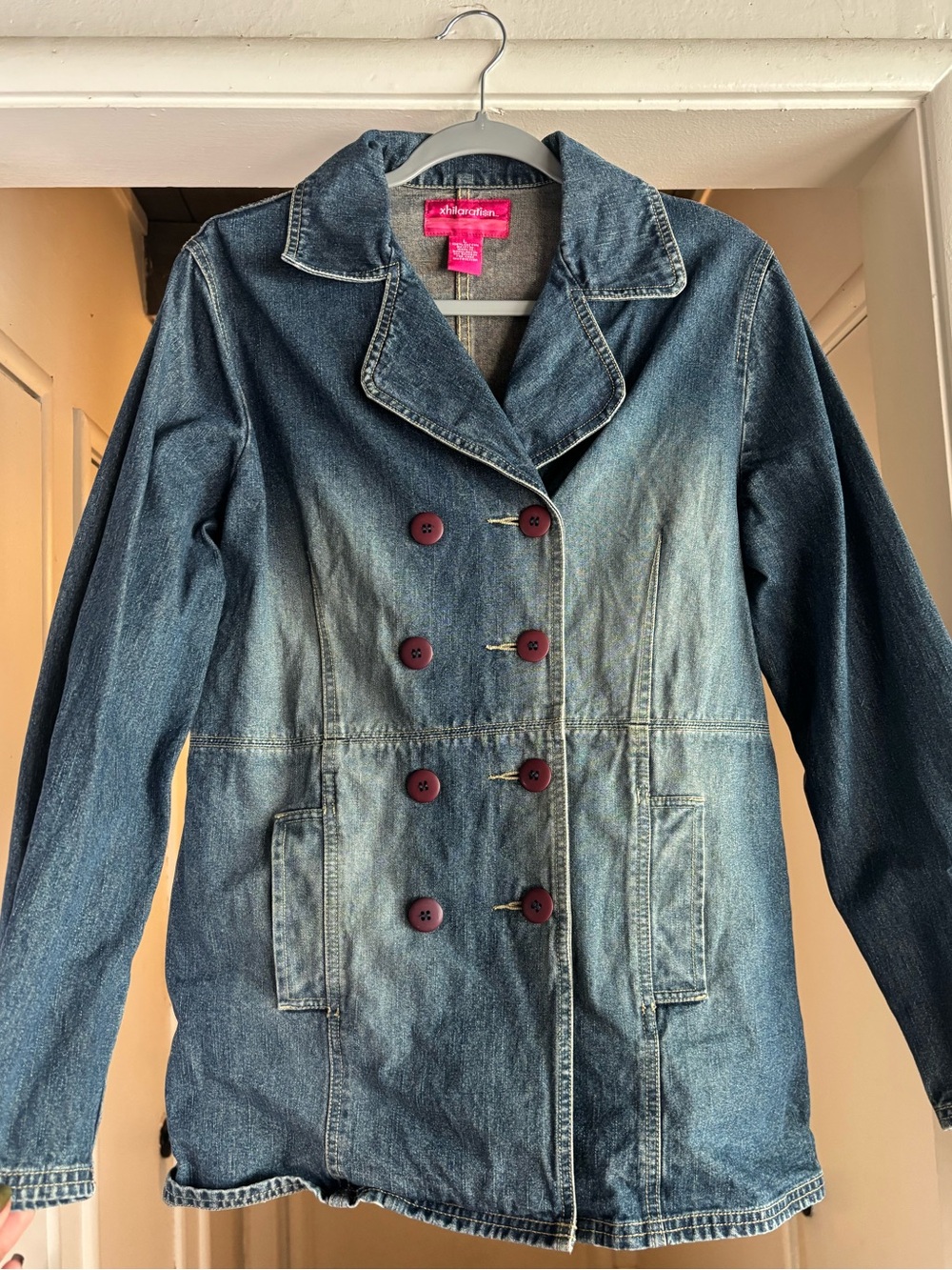 Xhilaration Blue Denim Double-Breasted Jacket with Burgundy Buttons